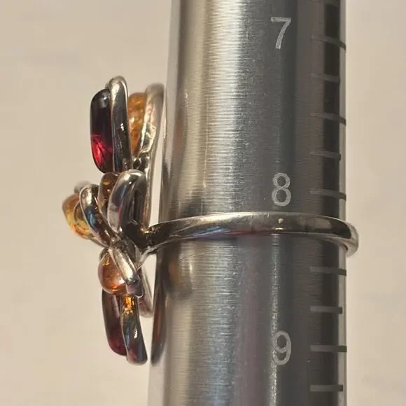 Sterling Silver Baltic Amber Floral Sunburst Multi Stone Cocktail Statement Ring